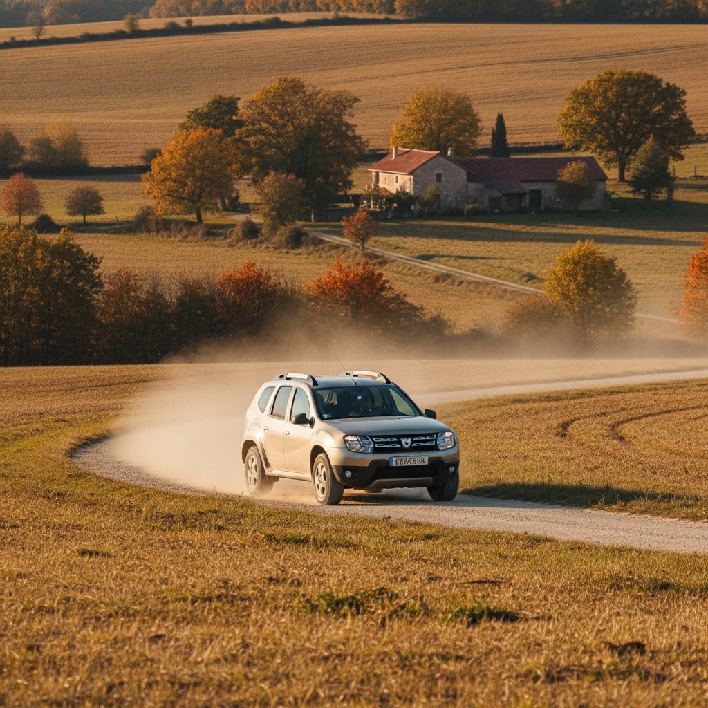 Dacia Duster première génération sur un chemin de campagne français en automne