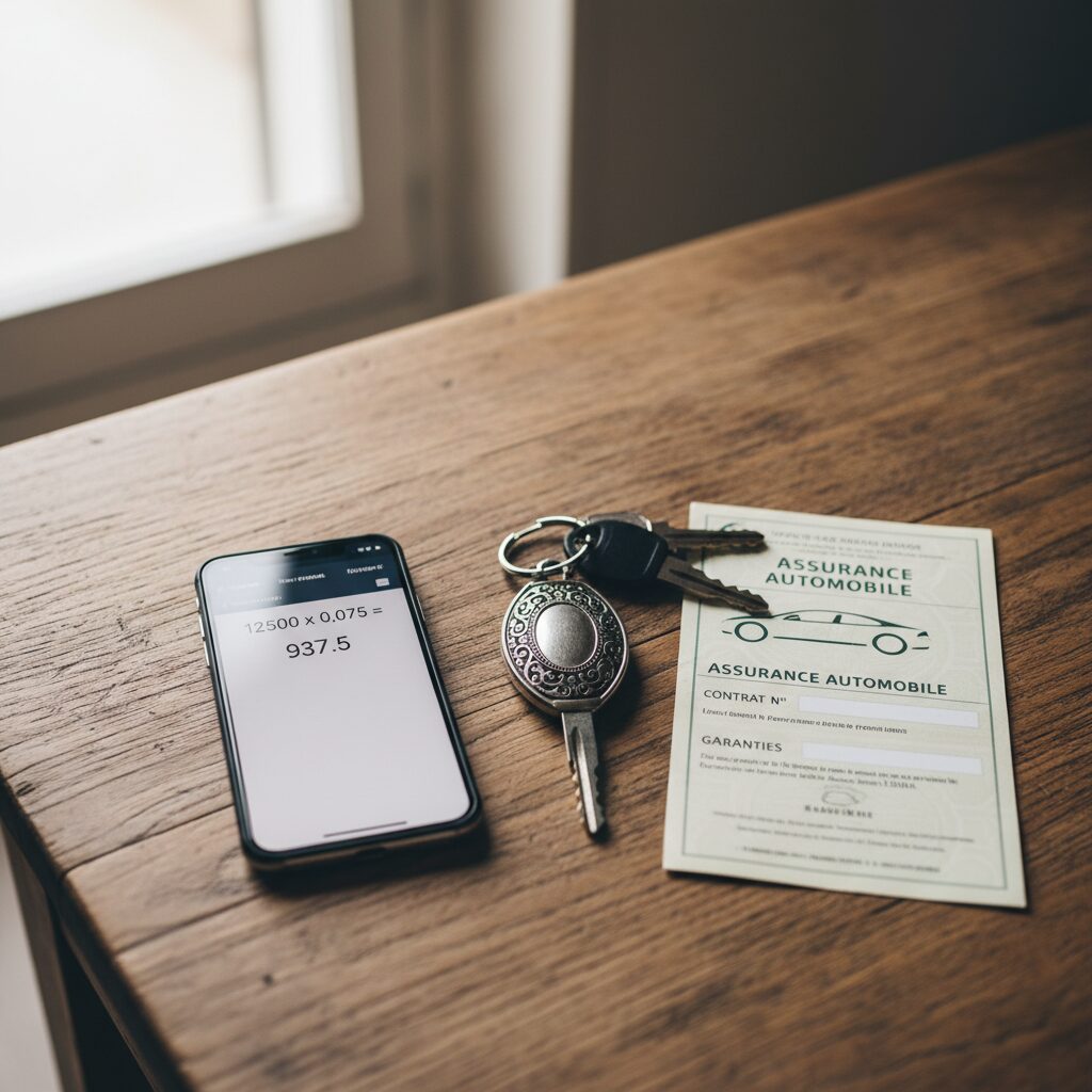 Smartphone avec calculatrice posé à côté de clés de voiture et d'un document d'assurance auto