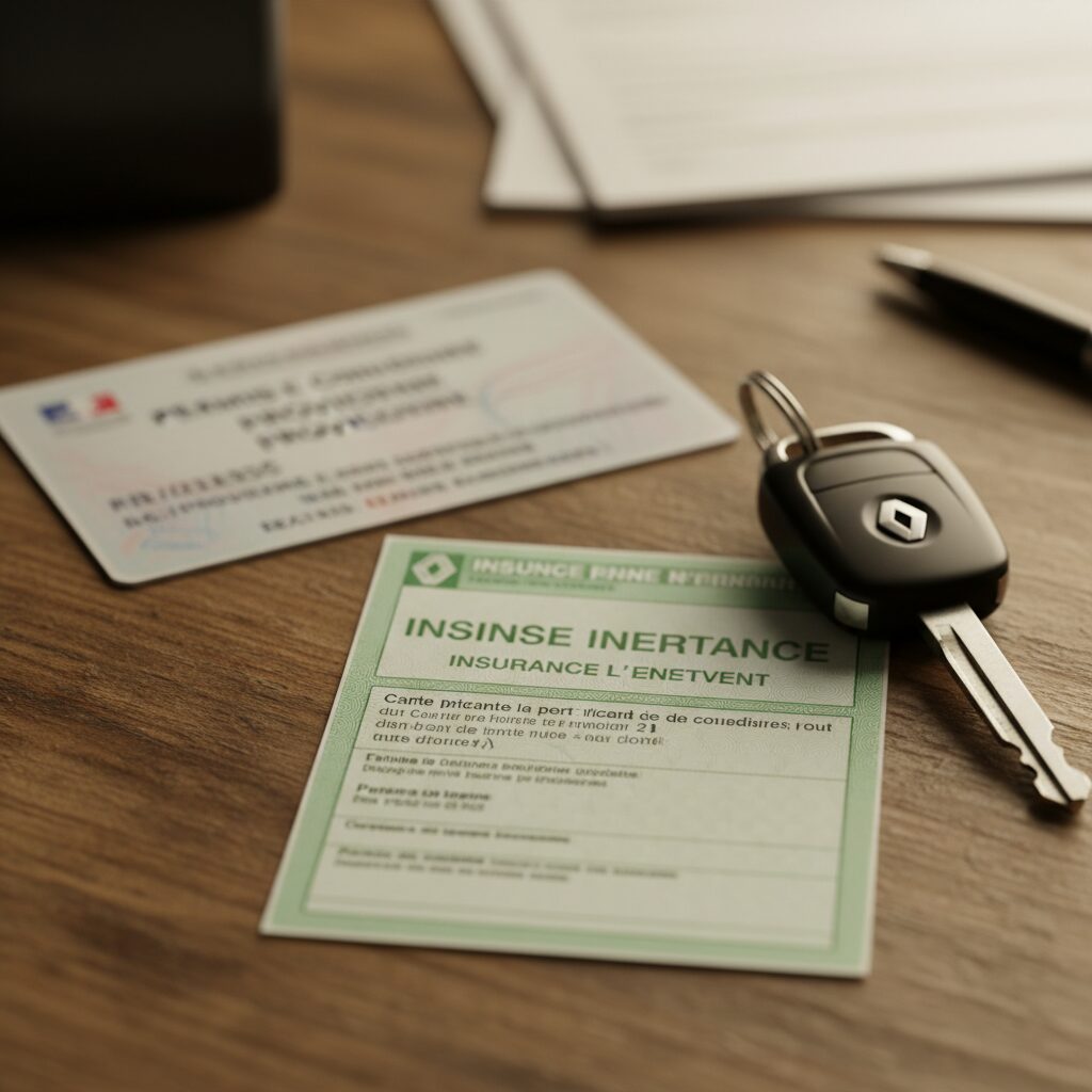 Carte verte d'assurance auto et clés de voiture posées sur un bureau