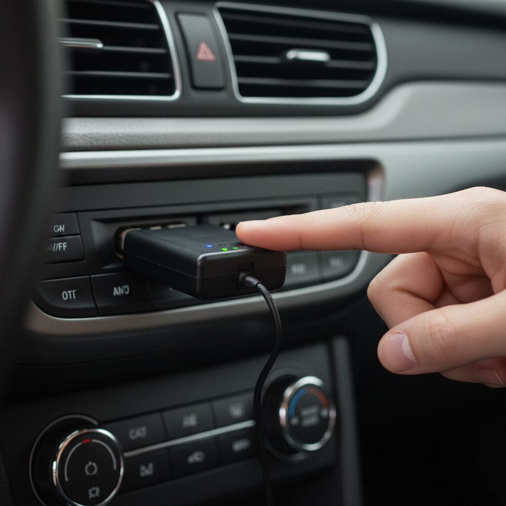 Boîtier télématique de conduite connectée branché sur la prise OBD d'une voiture