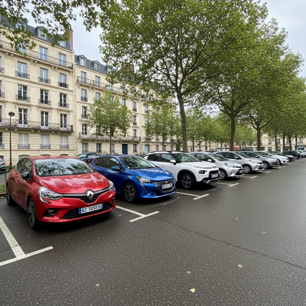 Citadines d'occasion garées sur un parking français, modèles idéaux pour jeunes conducteurs