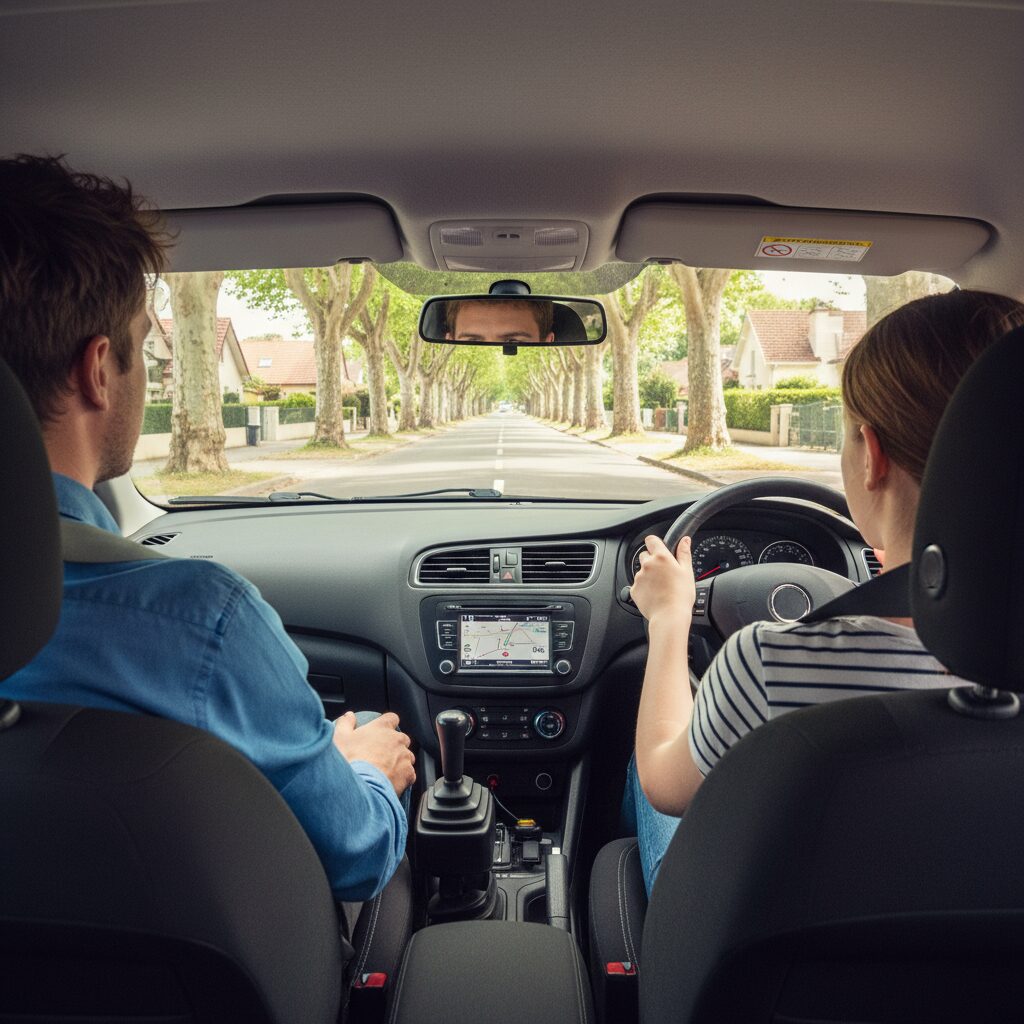 Apprenti conducteur en conduite accompagnée avec un adulte sur une route française