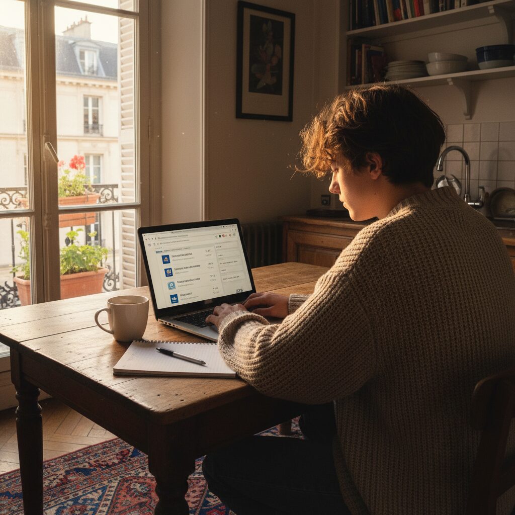 Jeune conducteur comparant des devis d'assurance auto en ligne sur son ordinateur