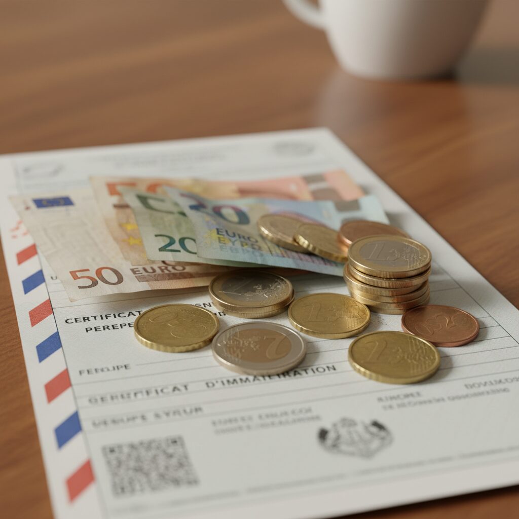Billets et pièces en euros posés sur un document d'immatriculation illustrant le coût de la carte grise