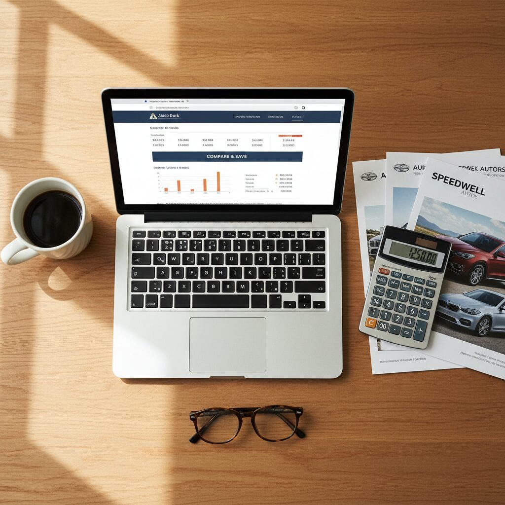 Bureau avec ordinateur portable affichant un comparateur de taux, calculatrice et brochures auto