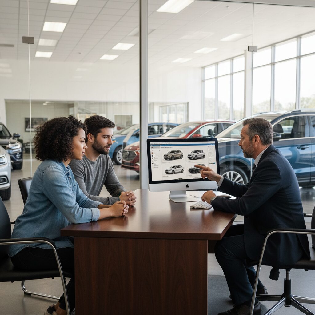 Couple face à un vendeur automobile dans un bureau de concession avec écran de simulation