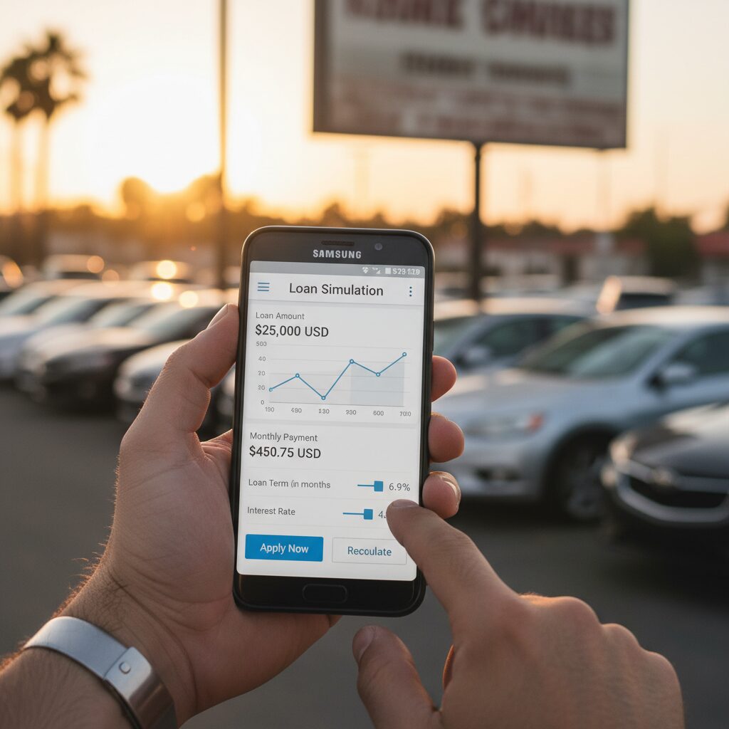 Écran de smartphone affichant une simulation de crédit auto avec un parc de véhicules d'occasion en arrière-plan