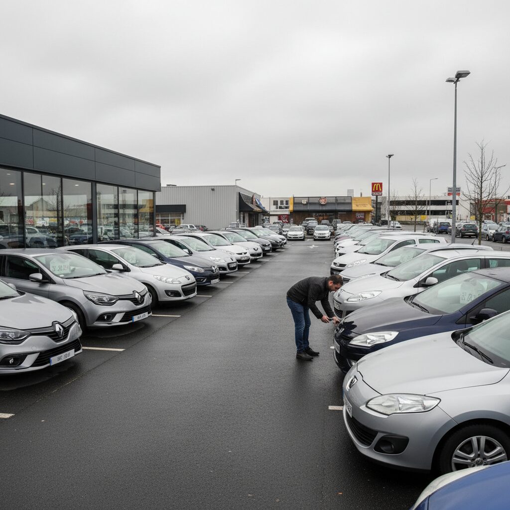 Client inspectant une Renault Mégane d'occasion sur le parc d'un concessionnaire avec étiquettes de prix