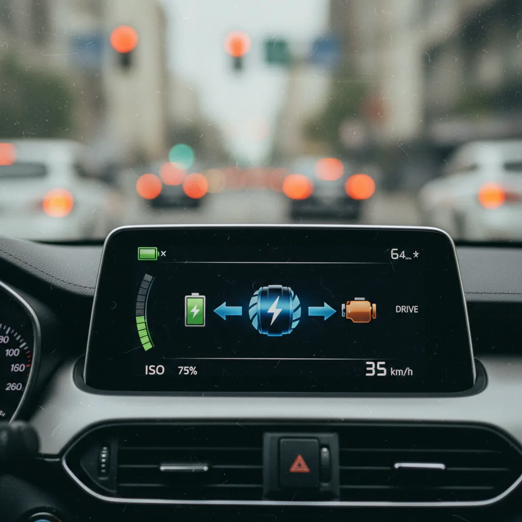 L'écran de bord affiche en temps réel la répartition entre moteur thermique et moteur électrique