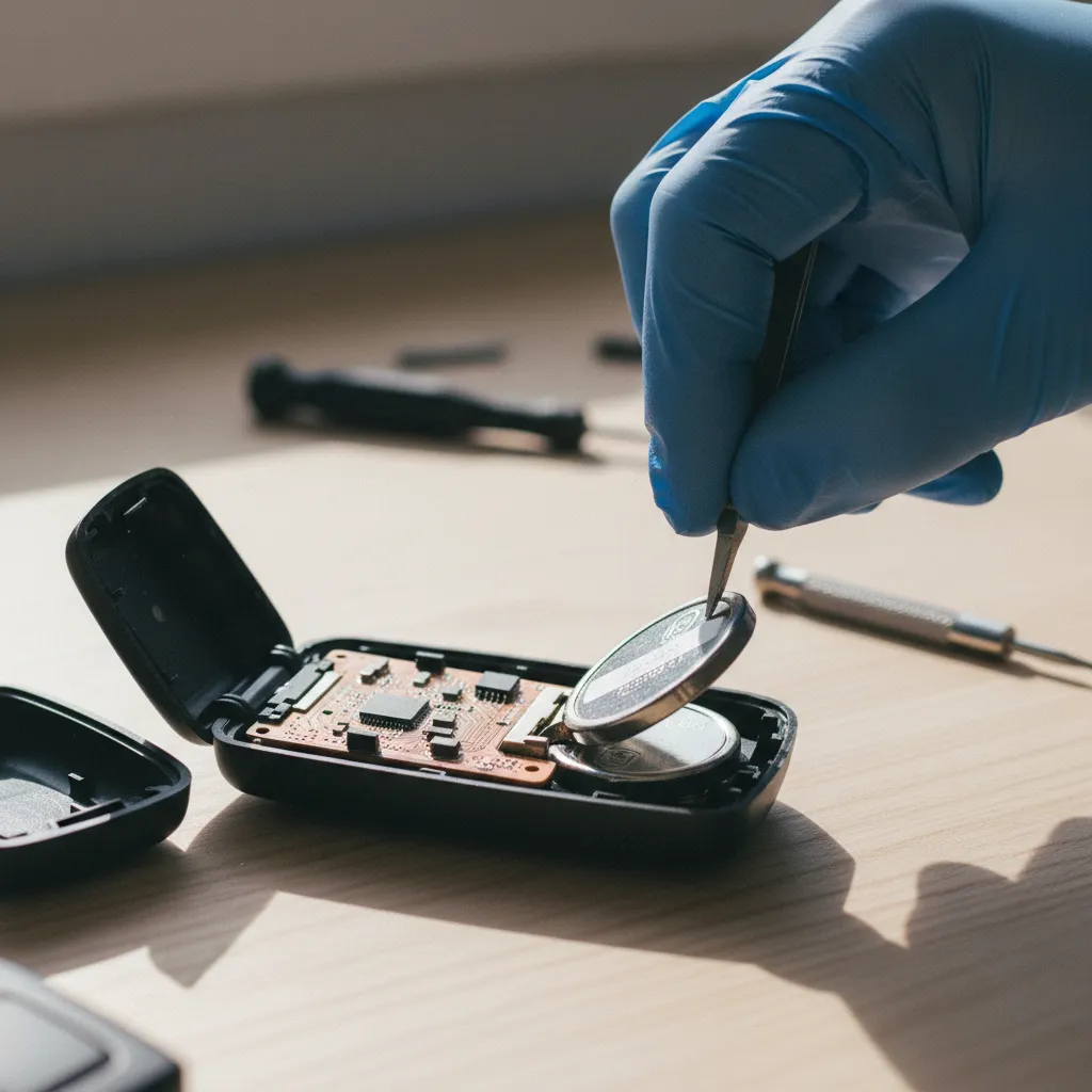 Ouverture d'une coque de clé pour remplacement de la pile et vérification du circuit