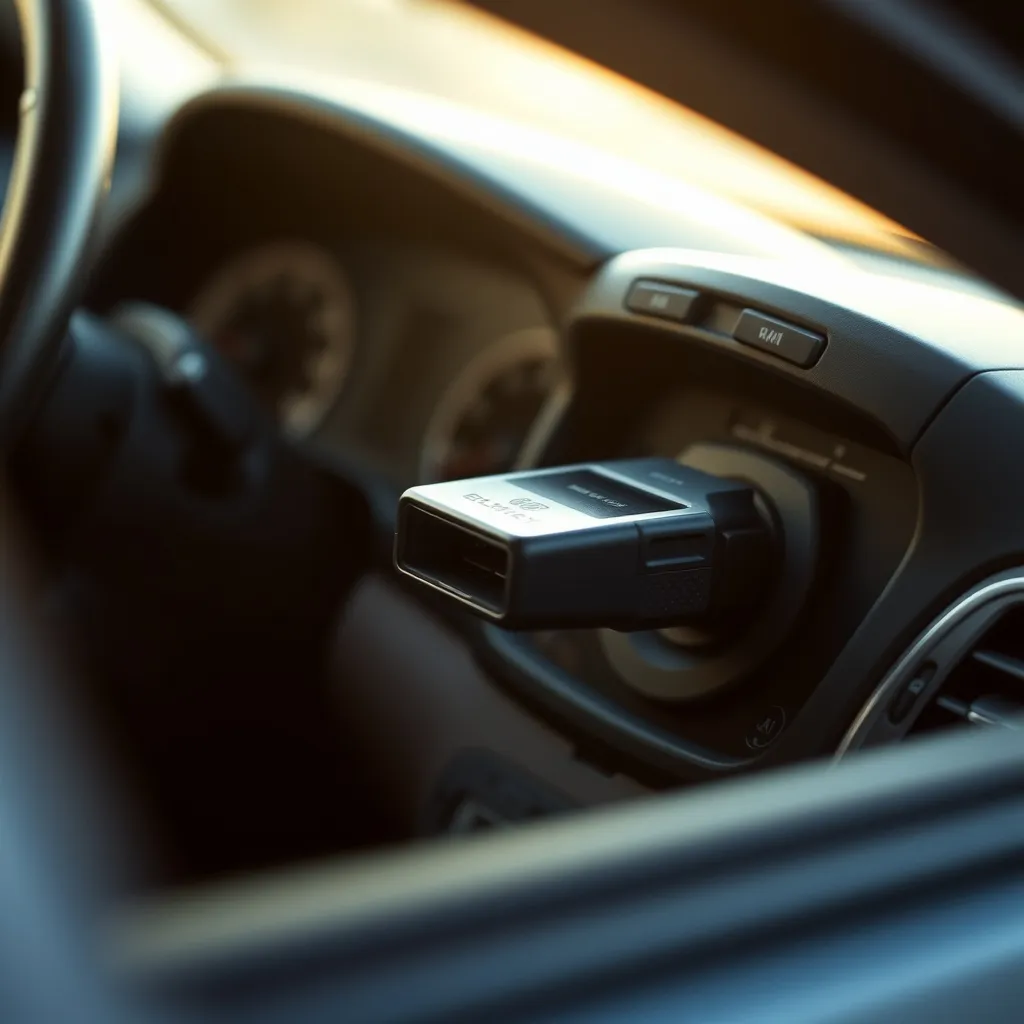 Adaptateur ELM327 Bluetooth branché sur la prise OBD2 sous le tableau de bord