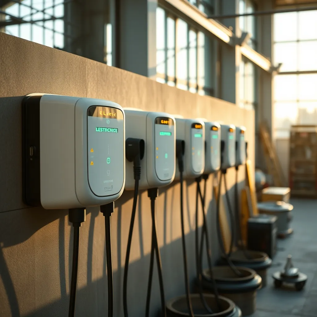Différents modèles de bornes de recharge domestiques exposés pour comparaison
