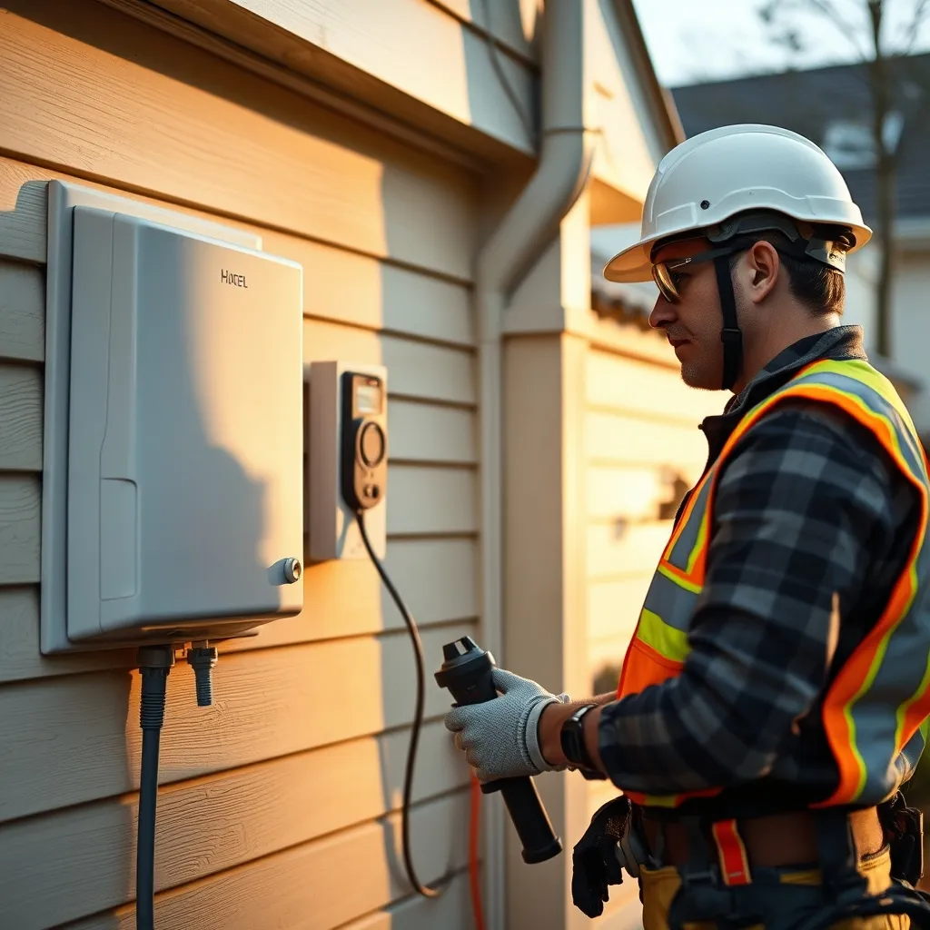 Électricien certifié IRVE installant une borne de recharge en extérieur