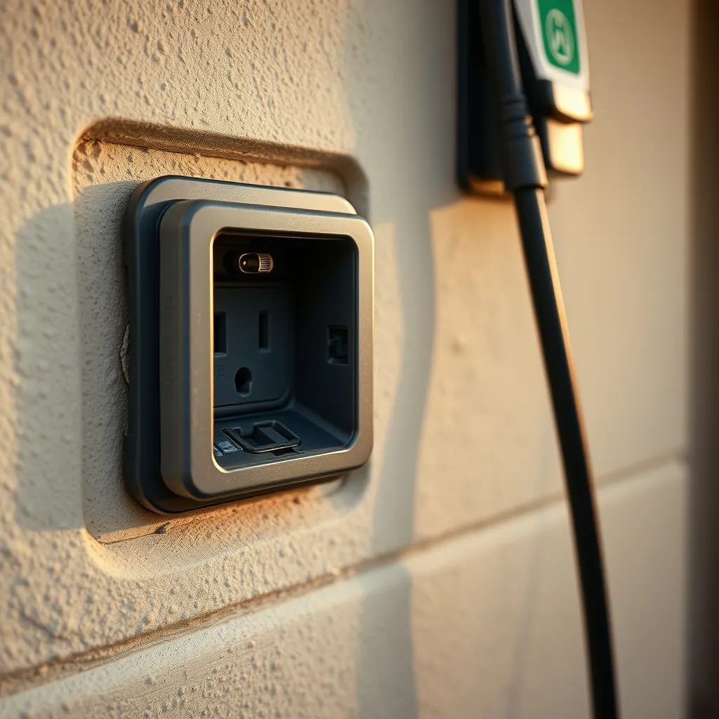 Prise renforcée Green'Up installée dans un garage pour recharger une hybride