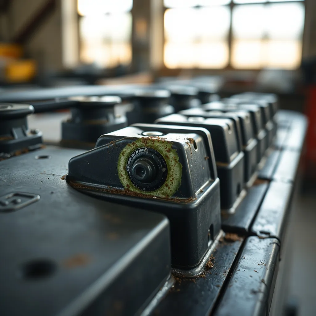 Oxydation visible sur les bornes d'une batterie automobile fatiguée