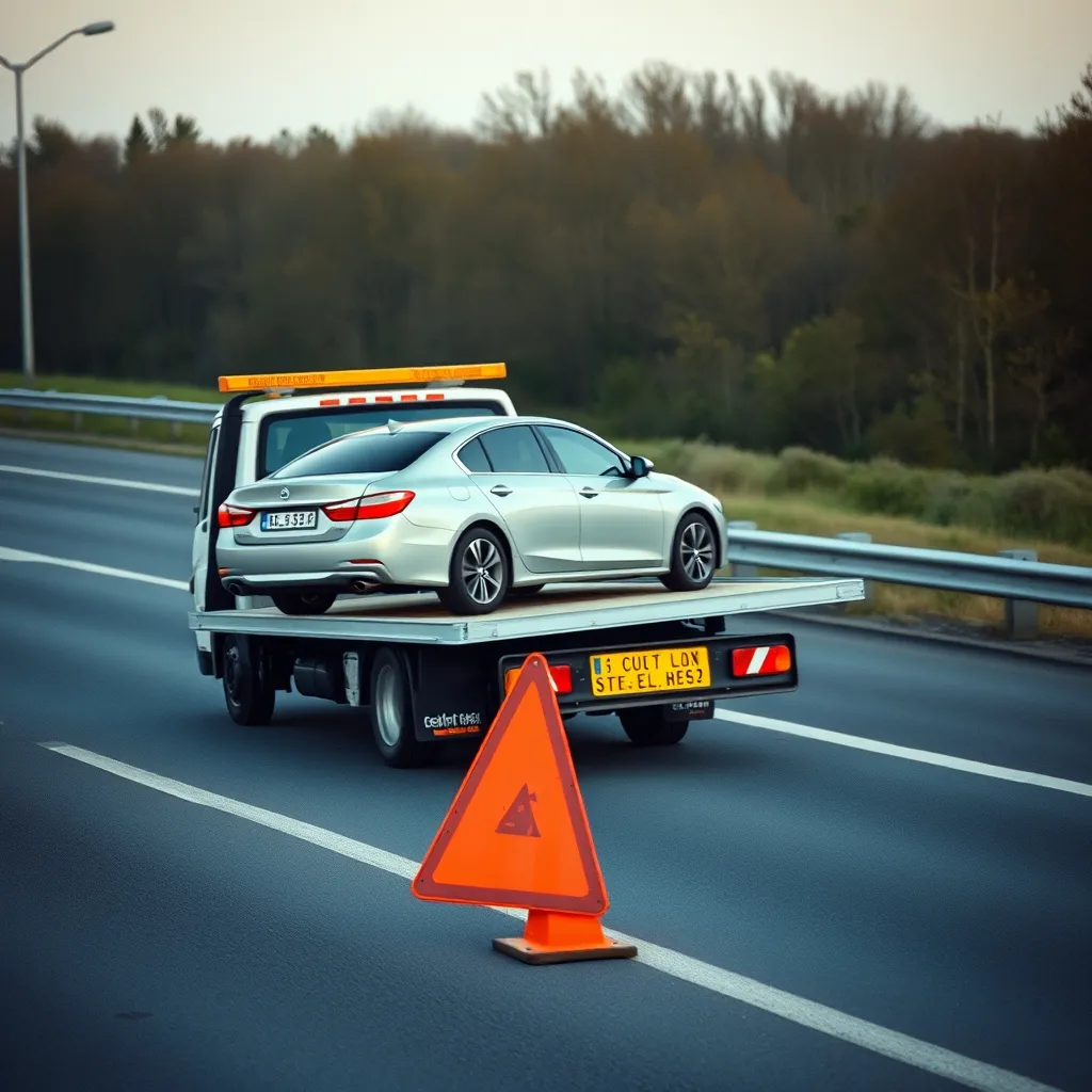 Chargement d'un véhicule en panne sur un plateau de remorquage en bord d'autoroute