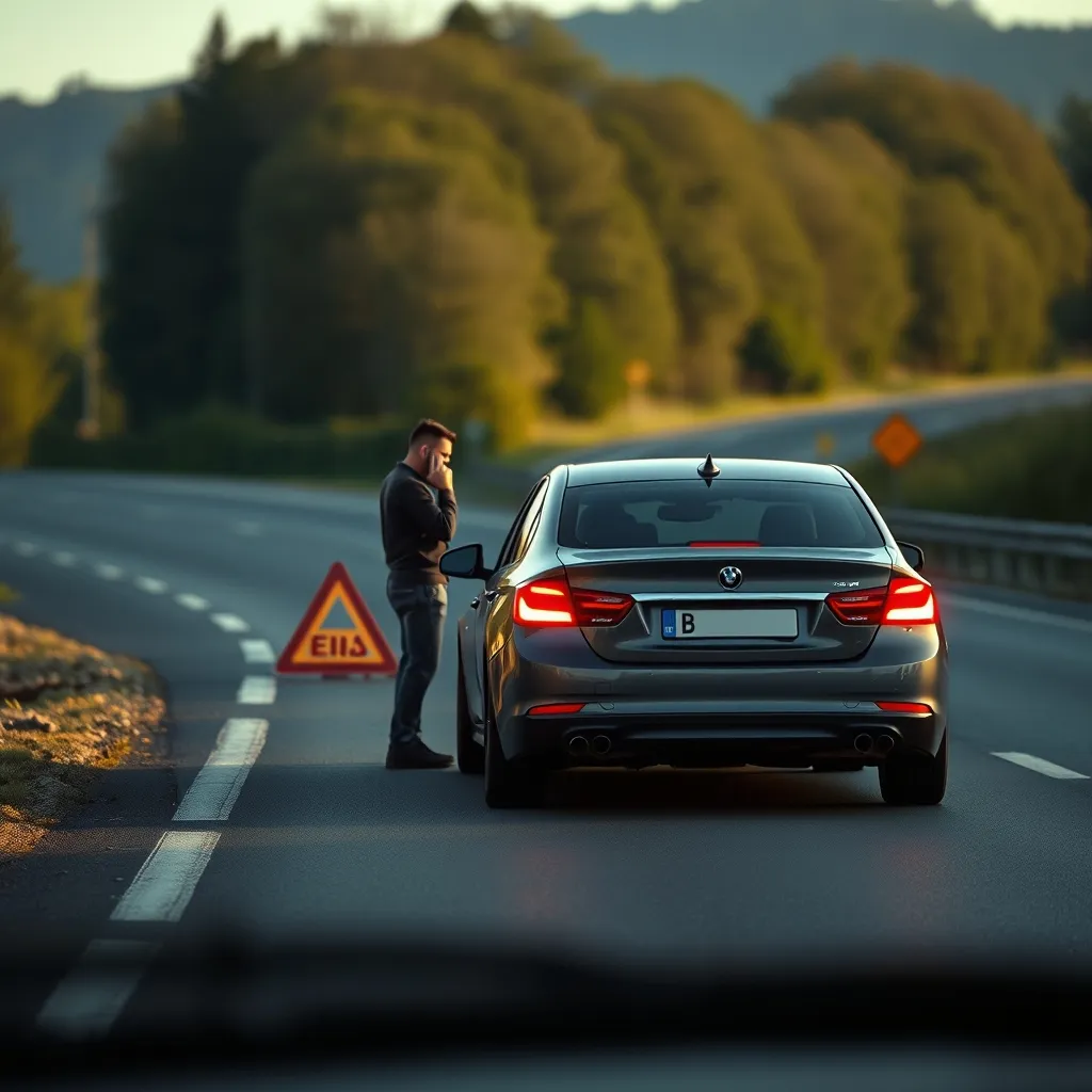 Automobiliste en panne sur la bande d'arrêt d'urgence d'une autoroute française