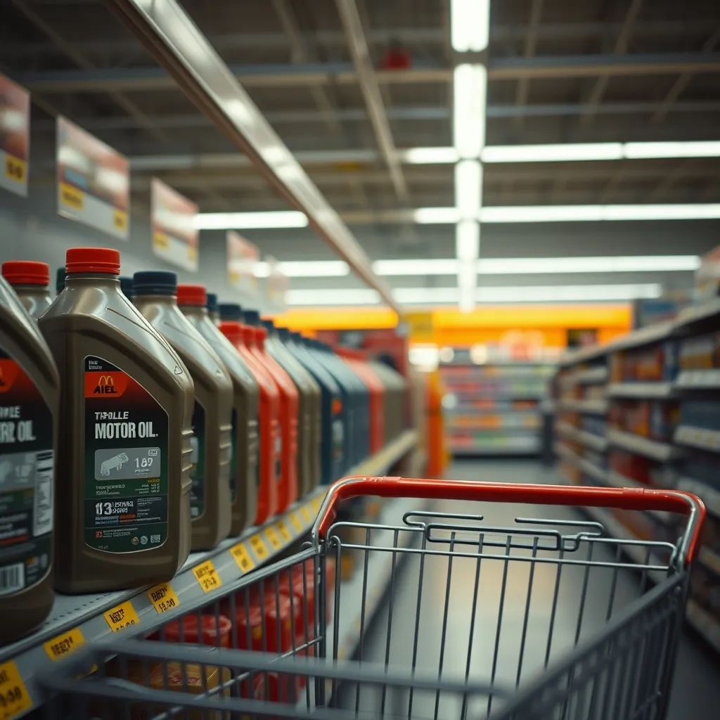 Rayon huile moteur dans un supermarché avec différentes marques disponibles
