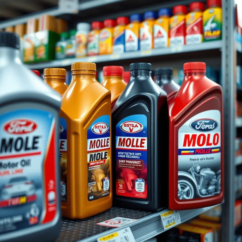 Rayon huiles moteur en magasin avec différentes marques et grades disponibles