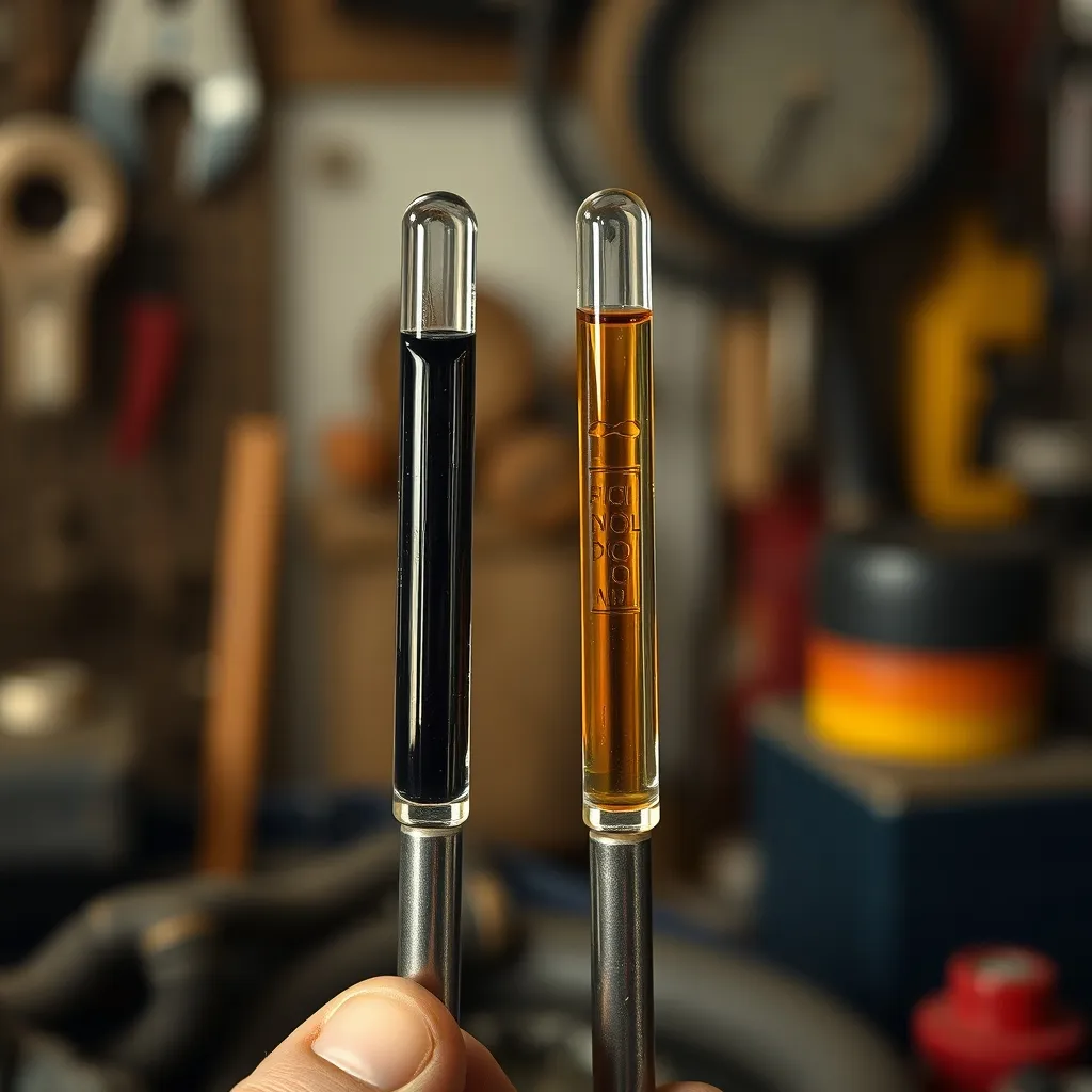 Comparaison entre une huile diesel noire et une huile essence marron après le même kilométrage