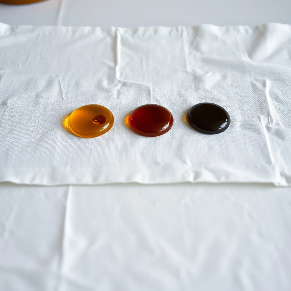 Test sur chiffon blanc : les différentes teintes d'huile moteur de la plus neuve à la plus usée