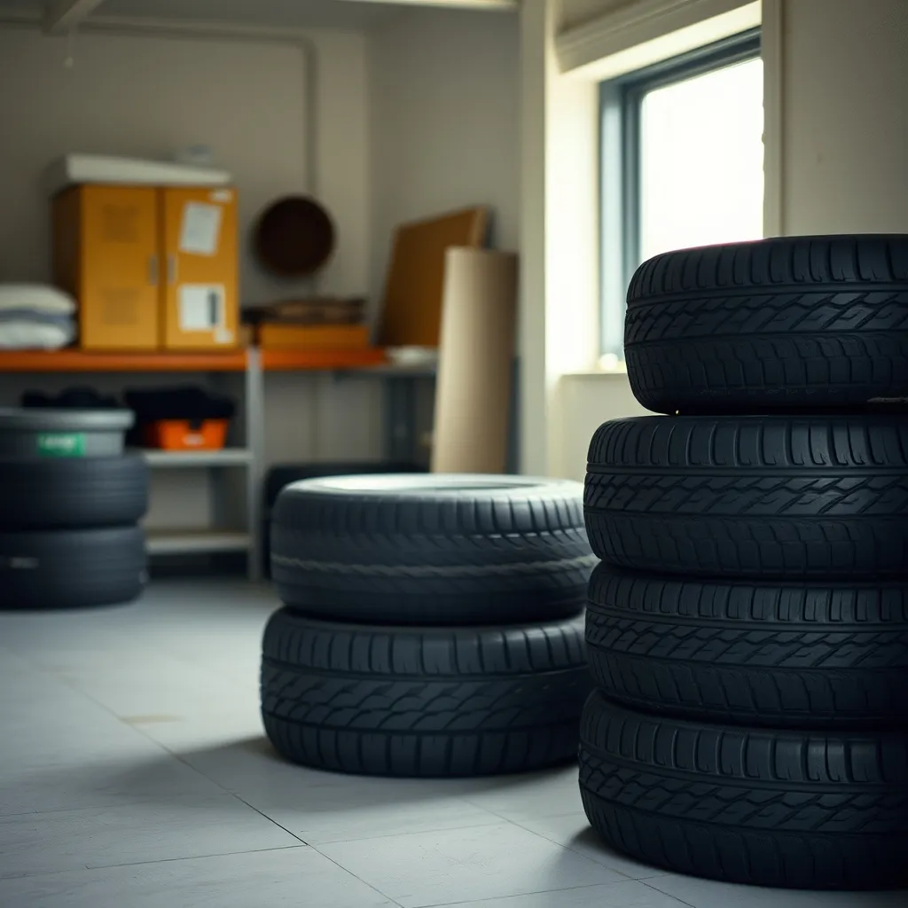 Comparaison visuelle de pneus à différents stades d'usure dans un atelier automobile