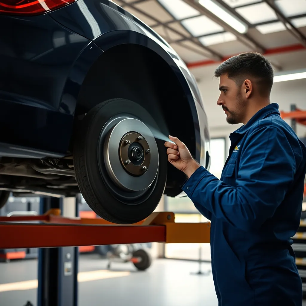 Inspection des freins et suspensions d'une familiale sportive en atelier professionnel